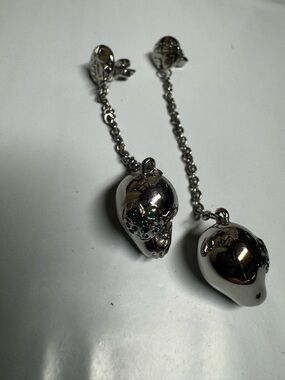 Miss Sixty Silver Skull Drop Earrings with Green Stones